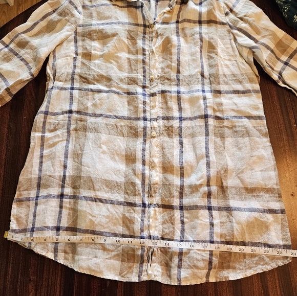 Zanetti Womens Cream Tan Blue Plaid Long Roll Tab Sleeve Linen Blouse Size XXXL - Picture 7 of 12